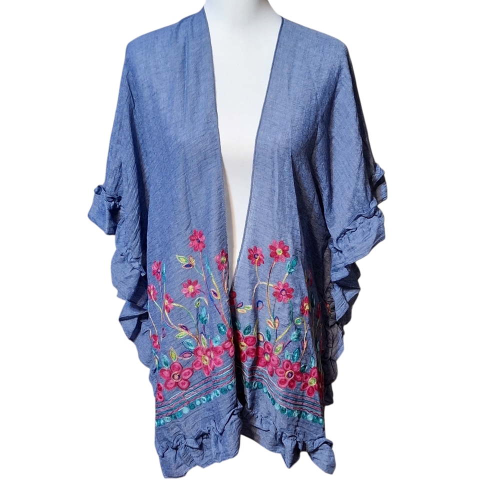 Boho Womens XL Kimono Beach Cover Up Embroidered Floral Beach Resort Festival